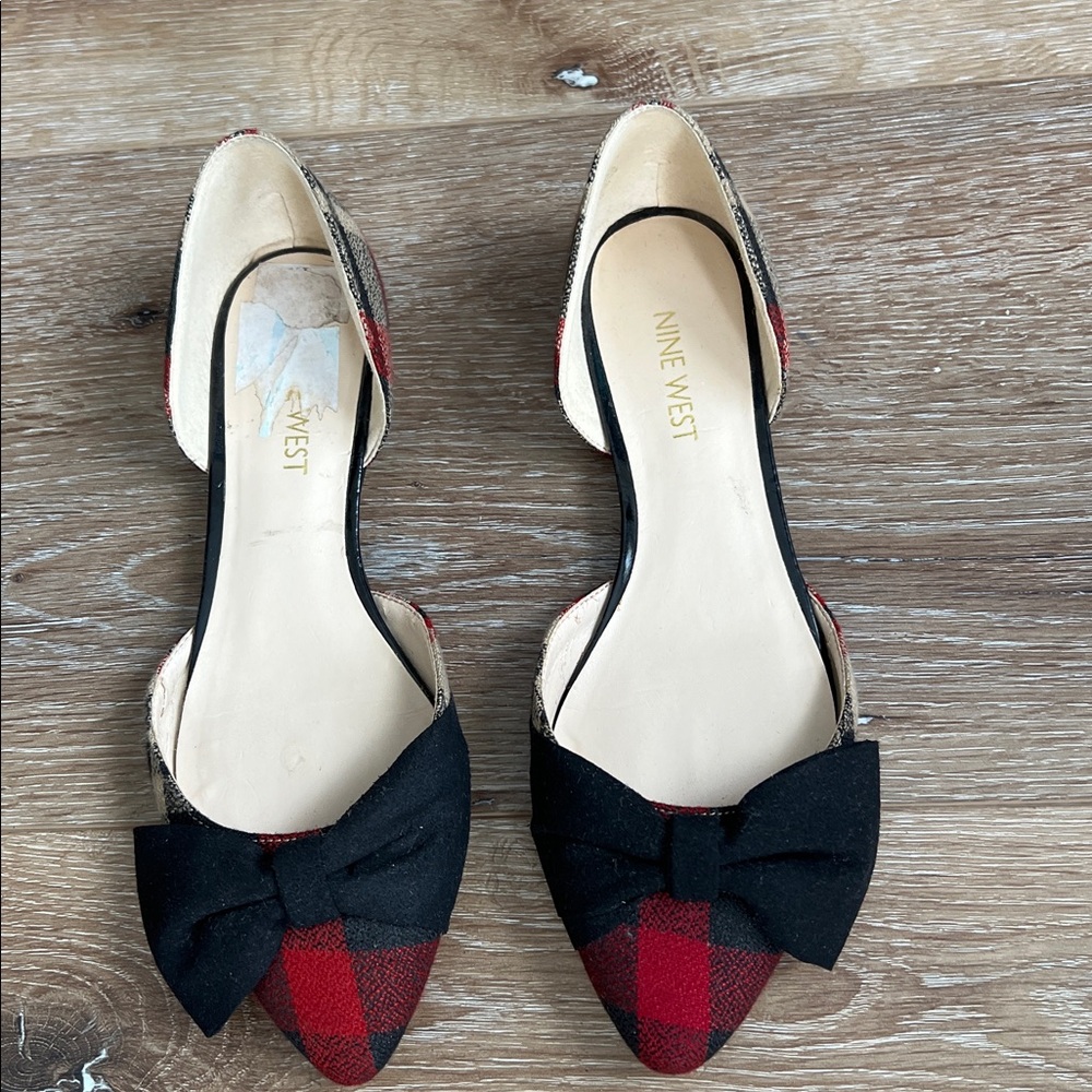 Nine West Red and Black Plaid Flats with Bow